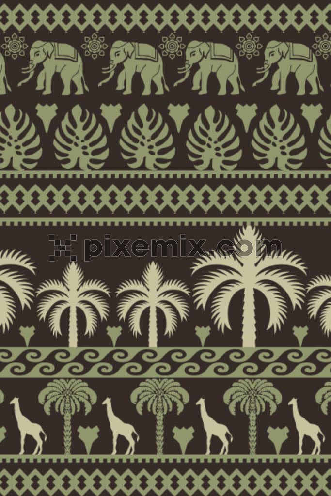 A hand made traditional illutration featuring animals and trees in a seamless repeating pattern