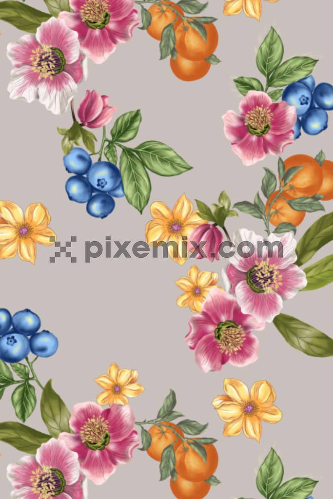 A hand drawn illustration of  flowers and fruits in neutral background with a seamless repeating pattern