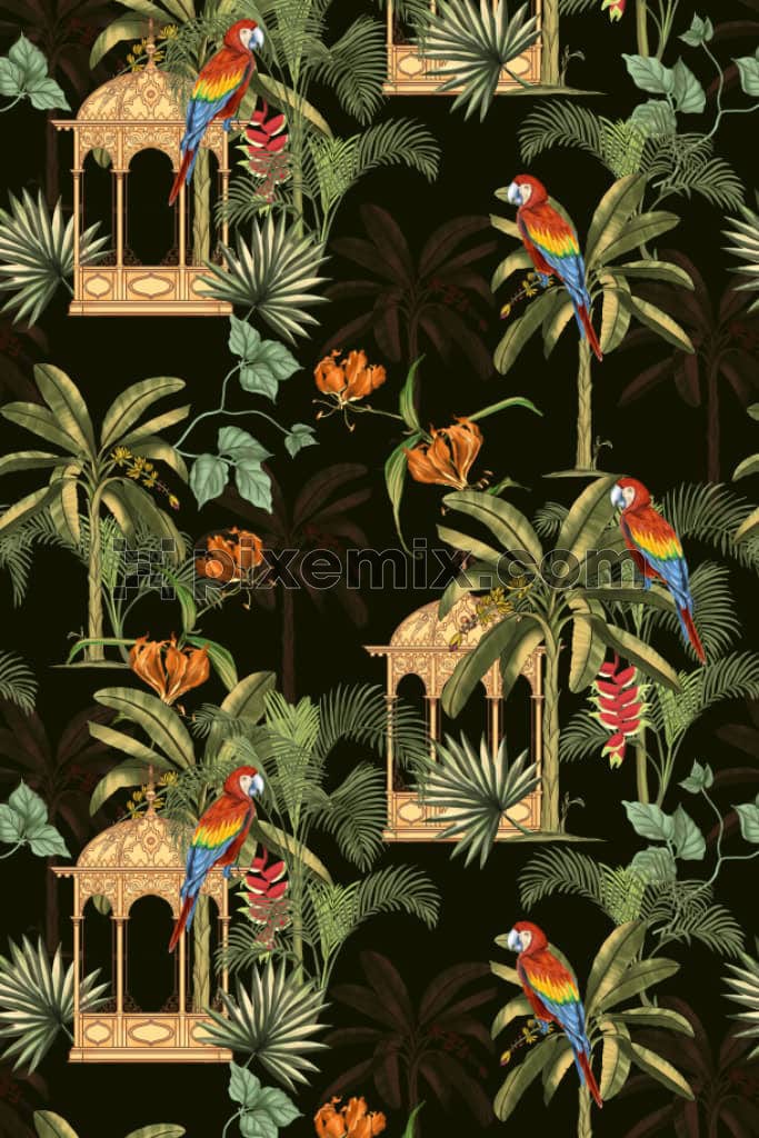 A hand curated illustration featuring tropicals leaves and flowers along with traditional patterns and birds