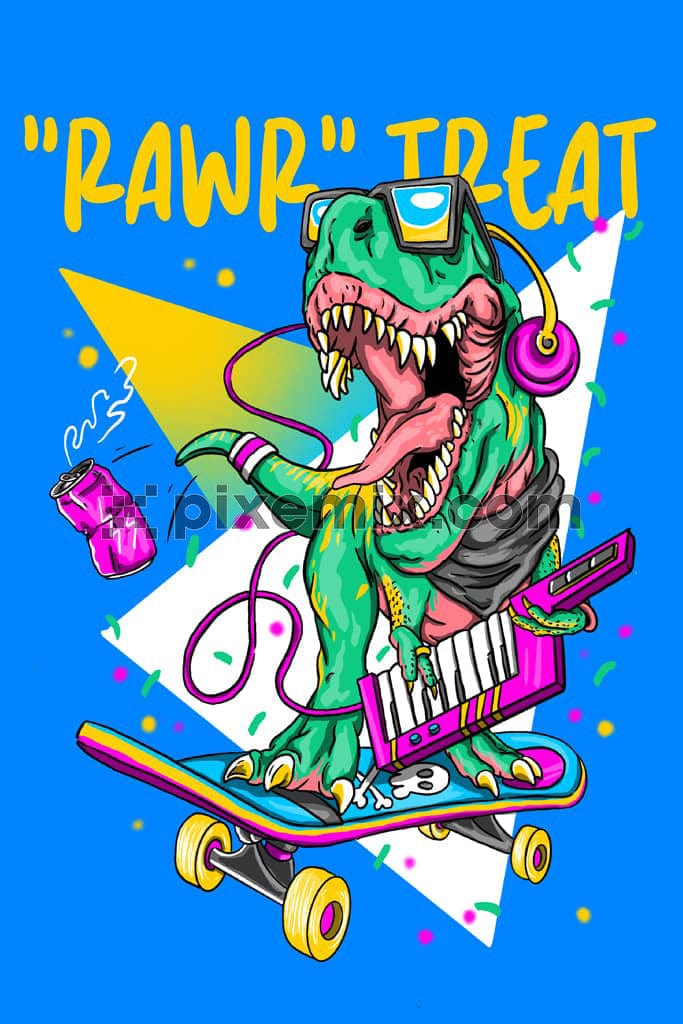 A hand drawn product graphic featuring a dinosaur playing music on a skate board