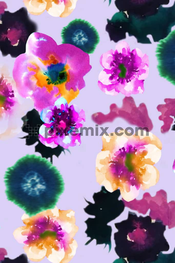 A hand made product graphic of abstract flowers in watercolour effect in a seamless repeating pattern