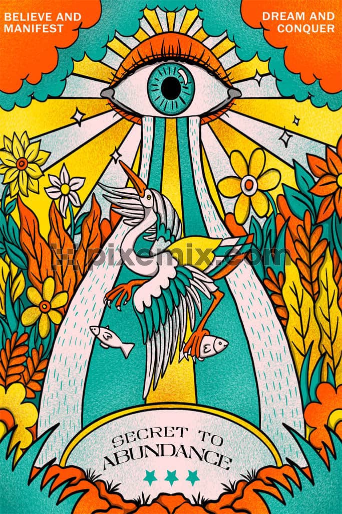 A hand made product graphic about dream and manifest featuring an eye and a bird alonf with florals