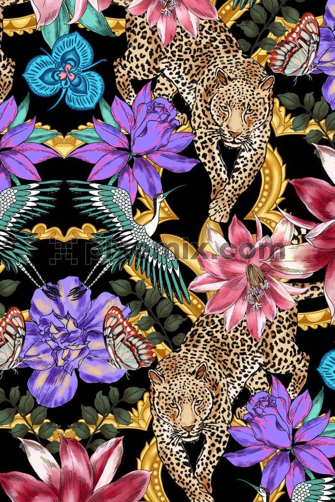 A hand made illustration featuring flowers, animals and birds in a seamless repeating pattern