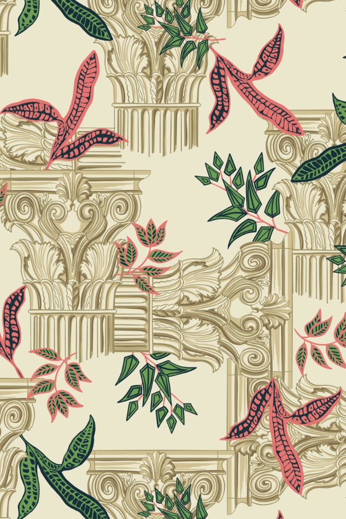 A hand made illustration featuring repetitive pattern with vintage European architecture pillar and vector leaves illustration.