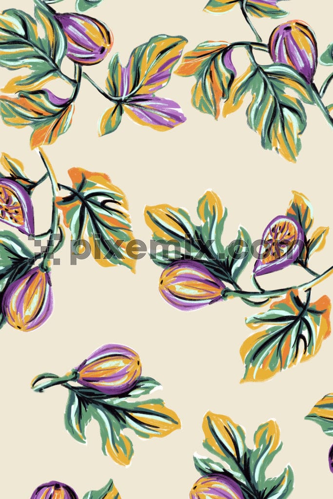 A seamless pattern of hand-drawn fruits and leaves on a white background product graphic.