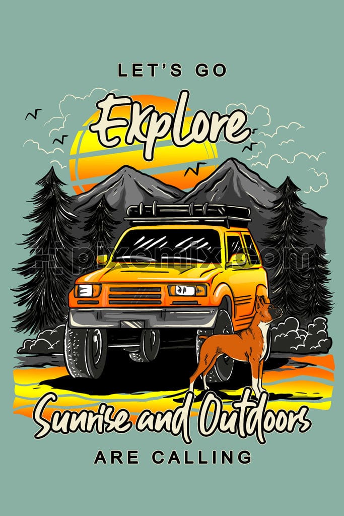 An illustration of the off-road truck with typography product graphic.