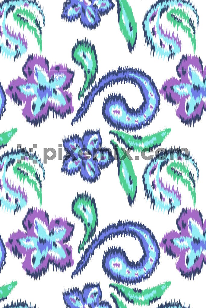 An artwork depicting a seamless pattern of purple, blue, and green colored shapes in an ikat style on a white background.