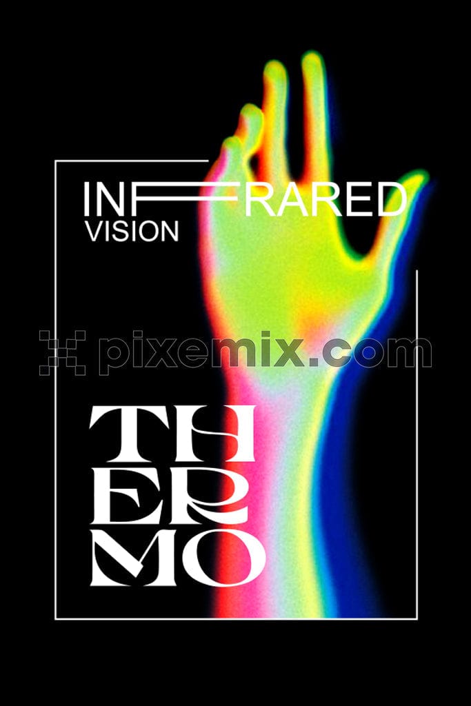 A hand with RGB displacement on an infrared thermal vision with typography.