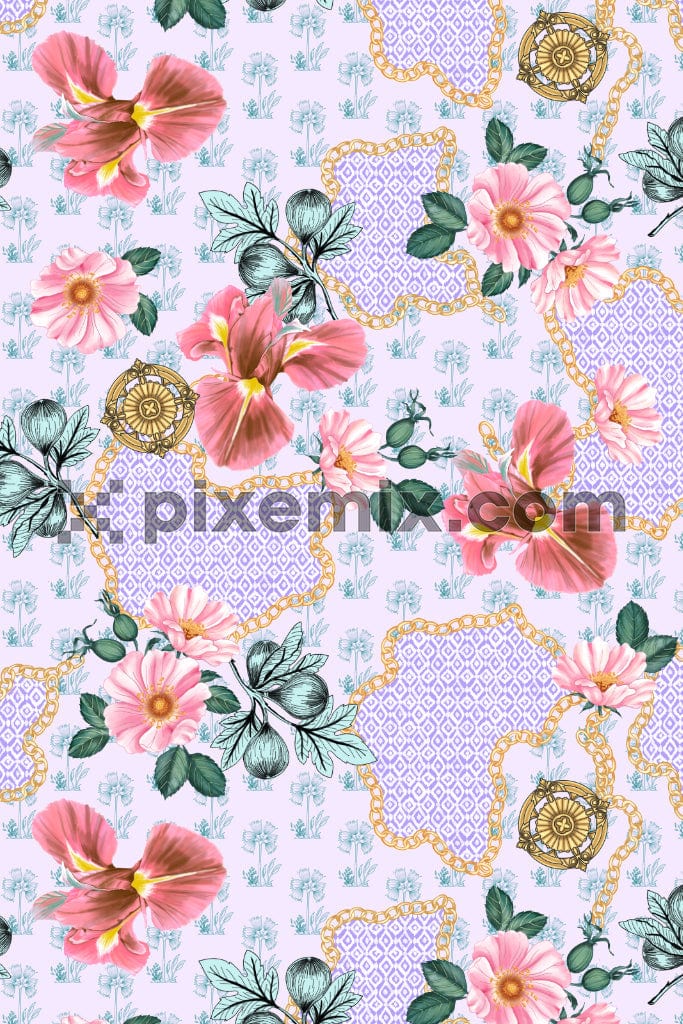 An illustration of tropical florals and vintage watch product graphic with seamless repeat pattern.