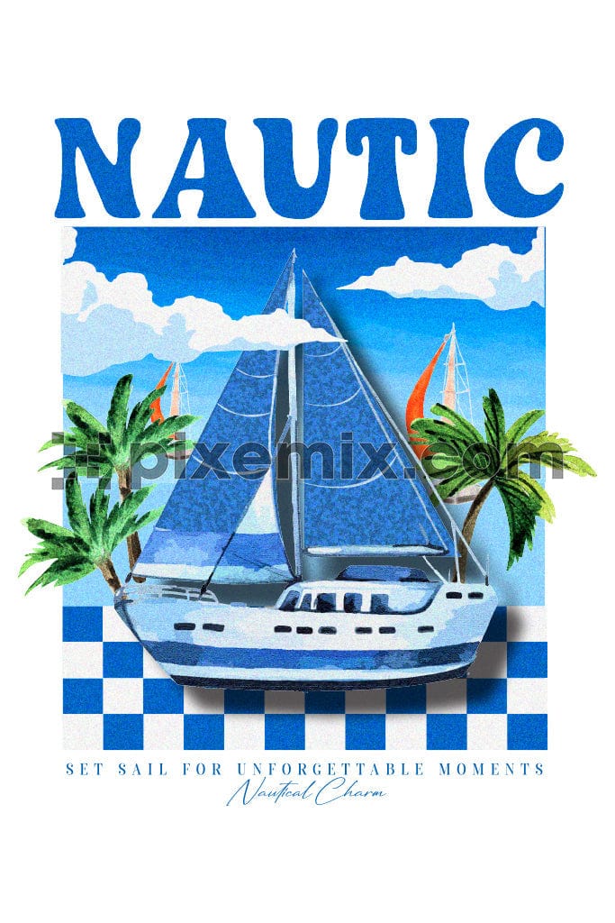 Nautical art inspired watercolor boat with palm tree product graphic.