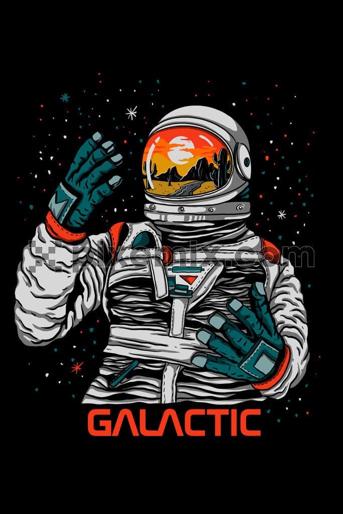 Hand-drawn astronaut with a desert vision product graphic.