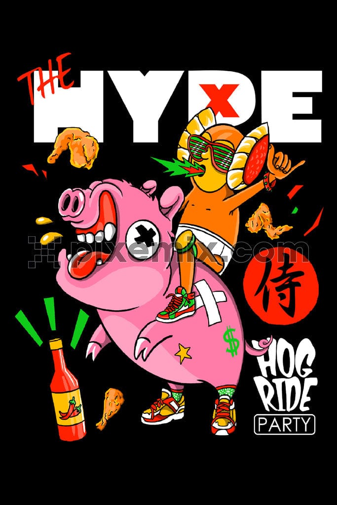 Illustration of a boy dancing on pig and feeling spicy product graphic.