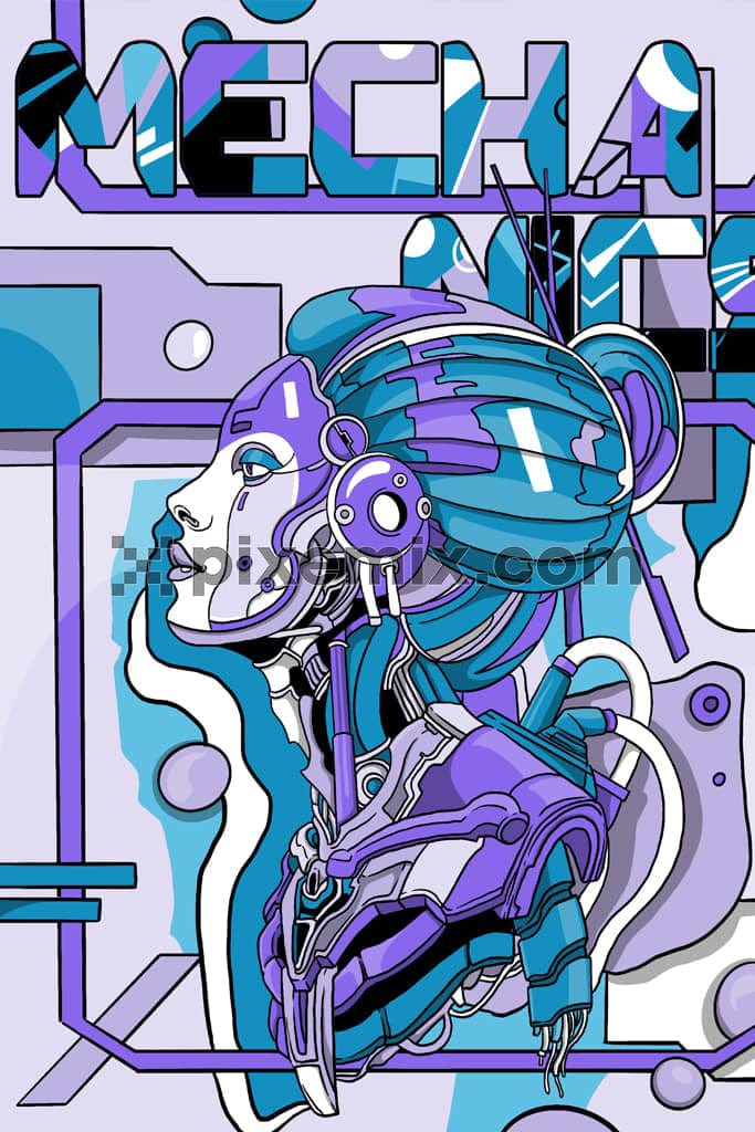Futuristic art inspired robot girl with typography product graphic.
