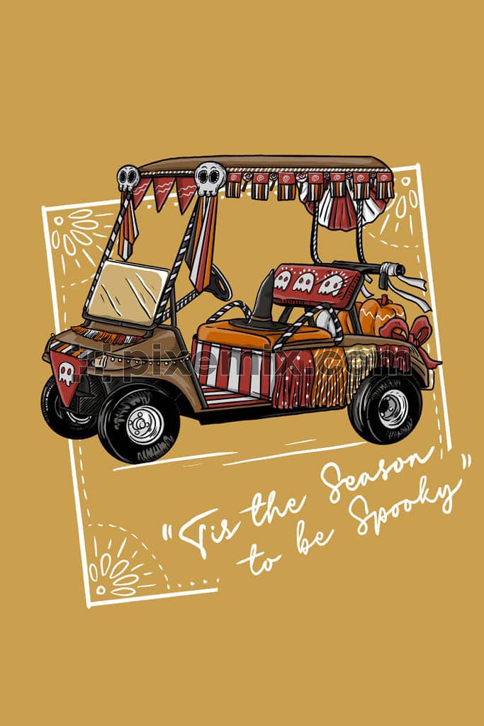 Hand-drawn halloween motorized vehicle with typography product graphic.
