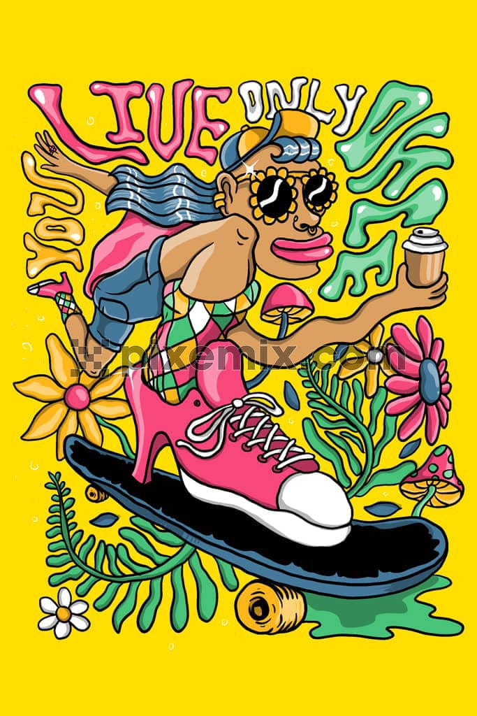 Doodle art inspired skater with flower product graphic.