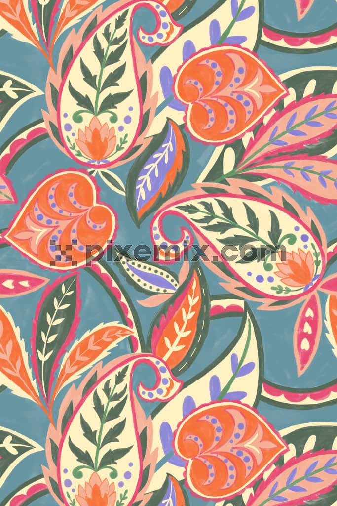 Hand-drawn paisley and leaves product graphic with seamless repeat pattern.