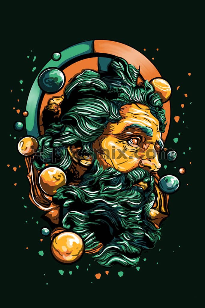 Illustration of greek god on space product graphic.