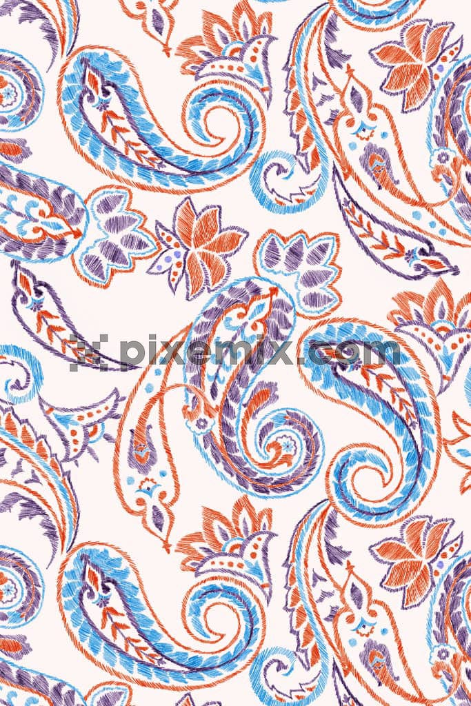 Ikat art inspired paisley art product graphic with seamless repeat pattern.