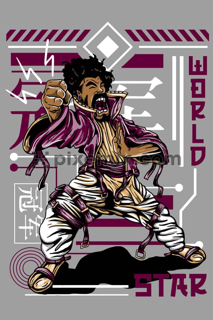 Illustration of karate man with typography product graphic.