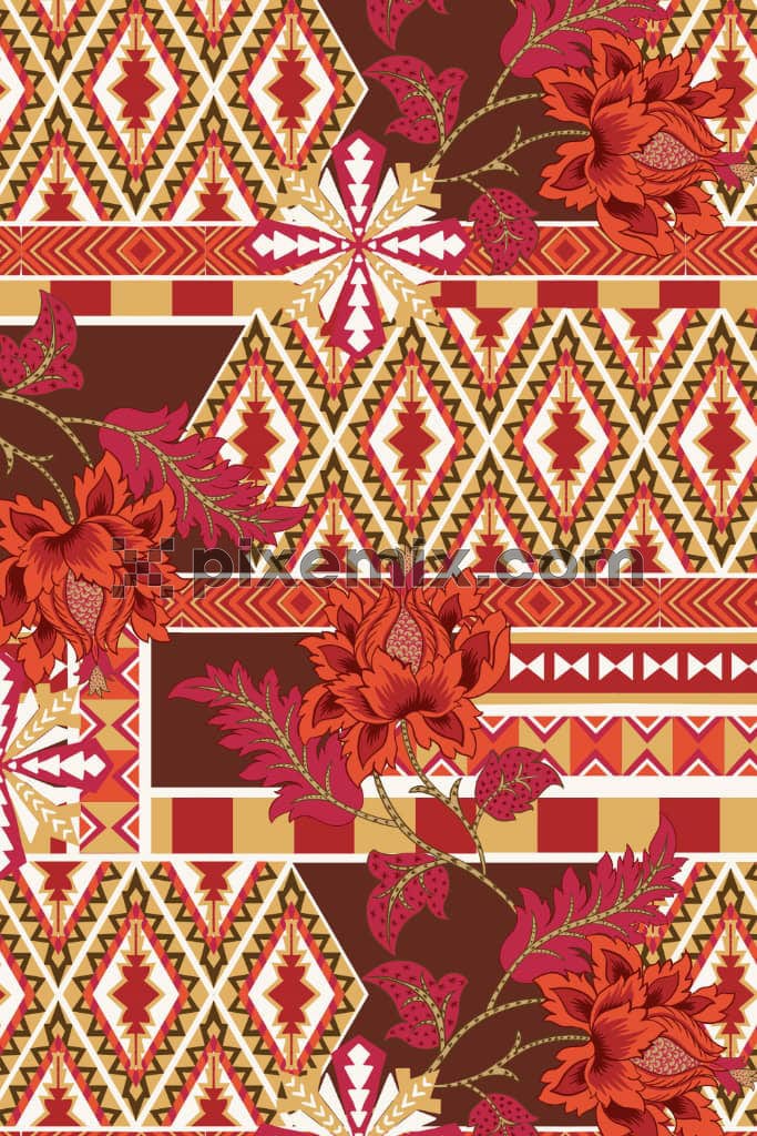 Kalamkari florals and oriental ethnic geometric shape product graphic with seamless repeat pattern.