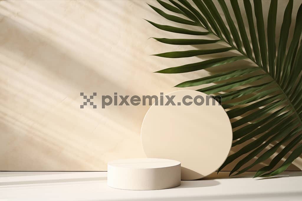 A backdrop in a soft, light beige hue designed for showcasing products, featuring poduims and palm leaves image.