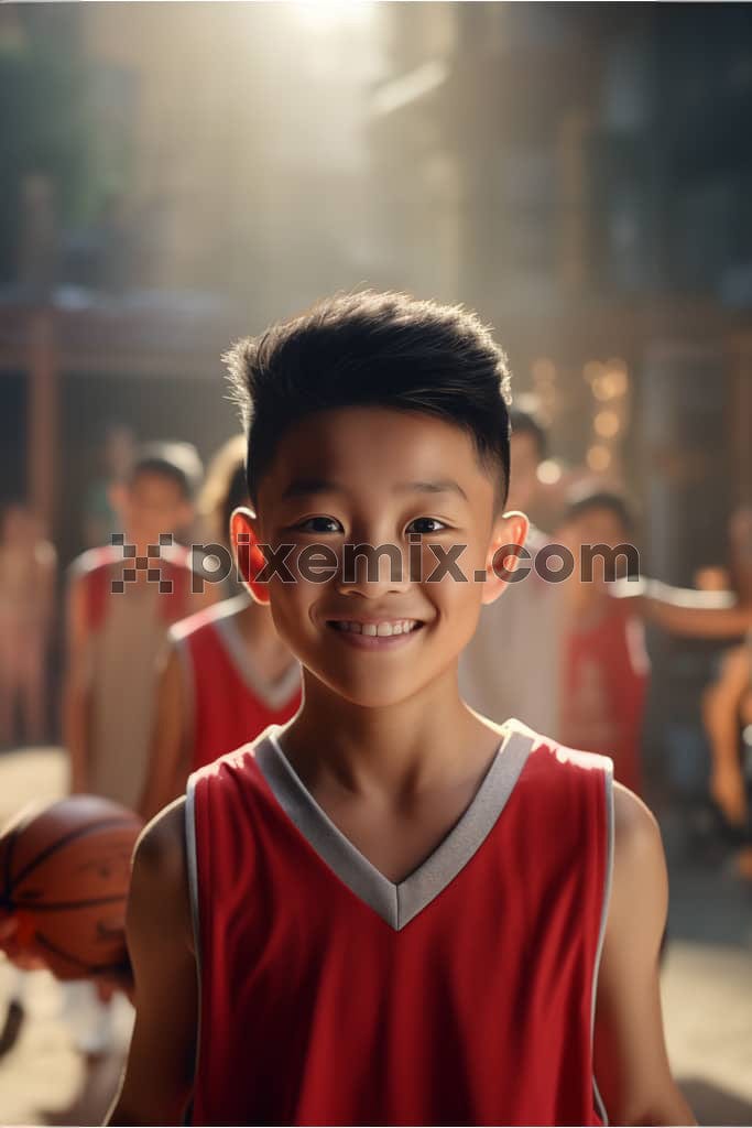 A kid basketball player in red jersey in the basketball court along with friends image.