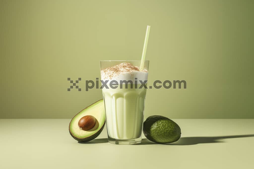 Delicious sweet Avocado milkshake topped with cocoa powder styled with Avocados image.