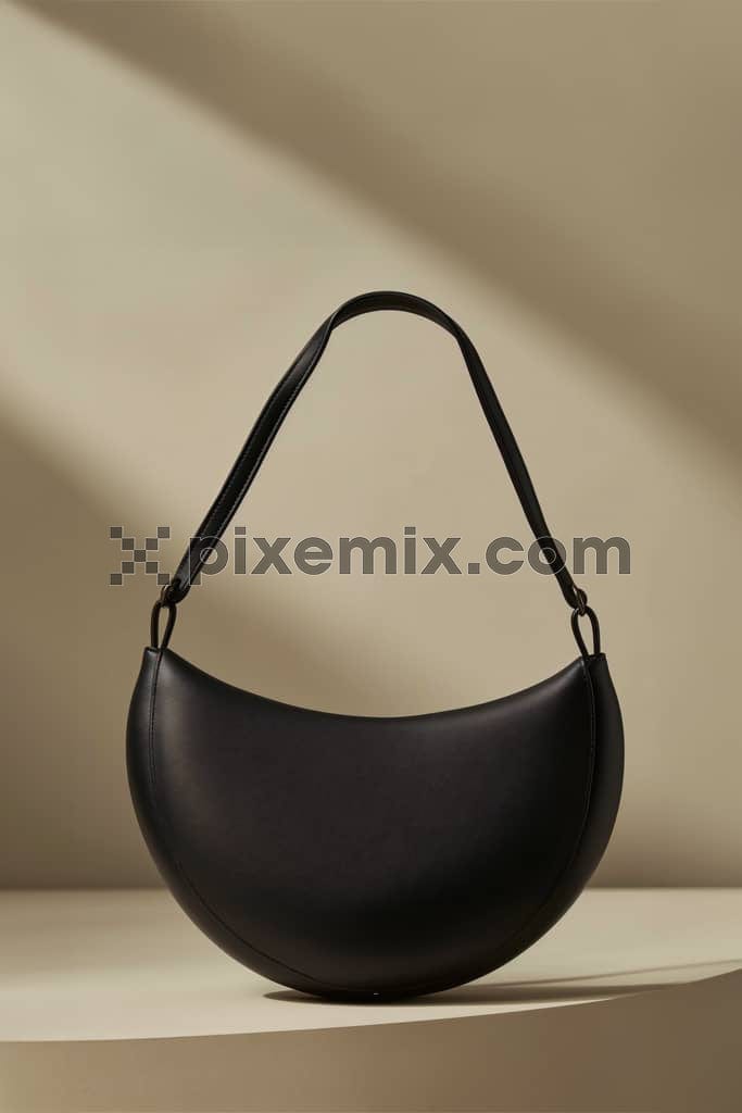 A fashionably minimal and stylish black leather hand bag with black leather straps image.