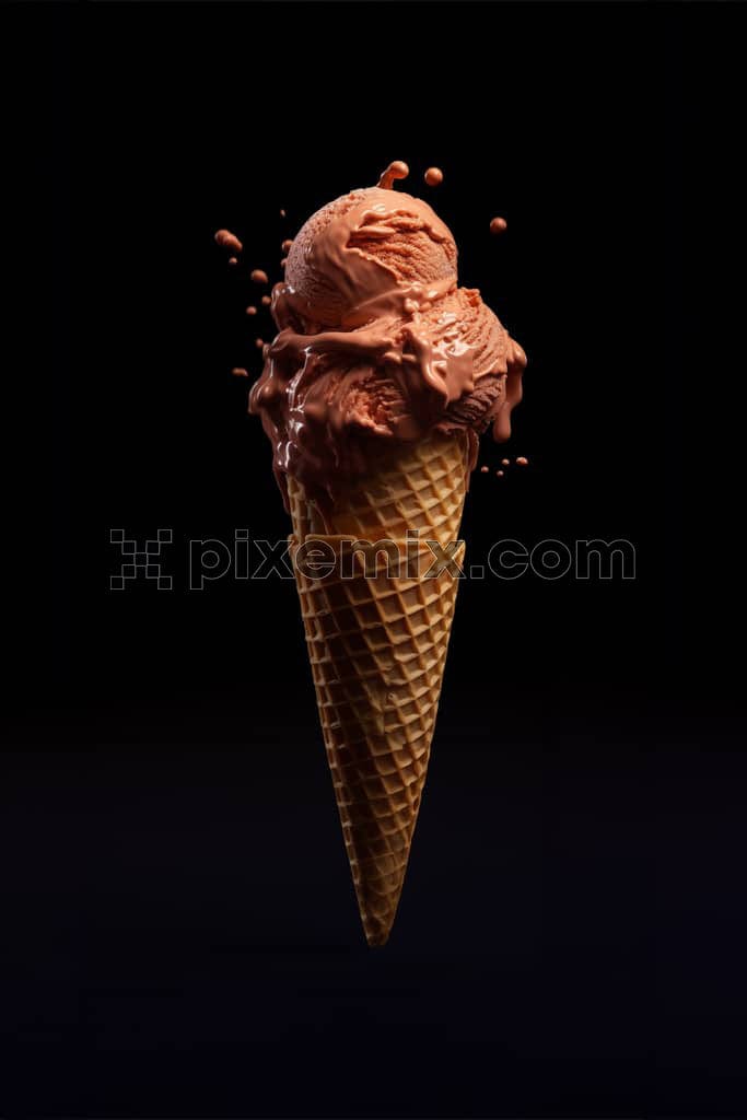 Delicious sweet chocolate ice cream with textured waffle cone image.
