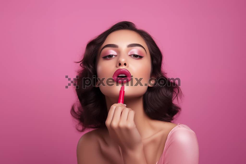 A fashion influencer posing for a lipstick advertisement with minimal pink makeup image.