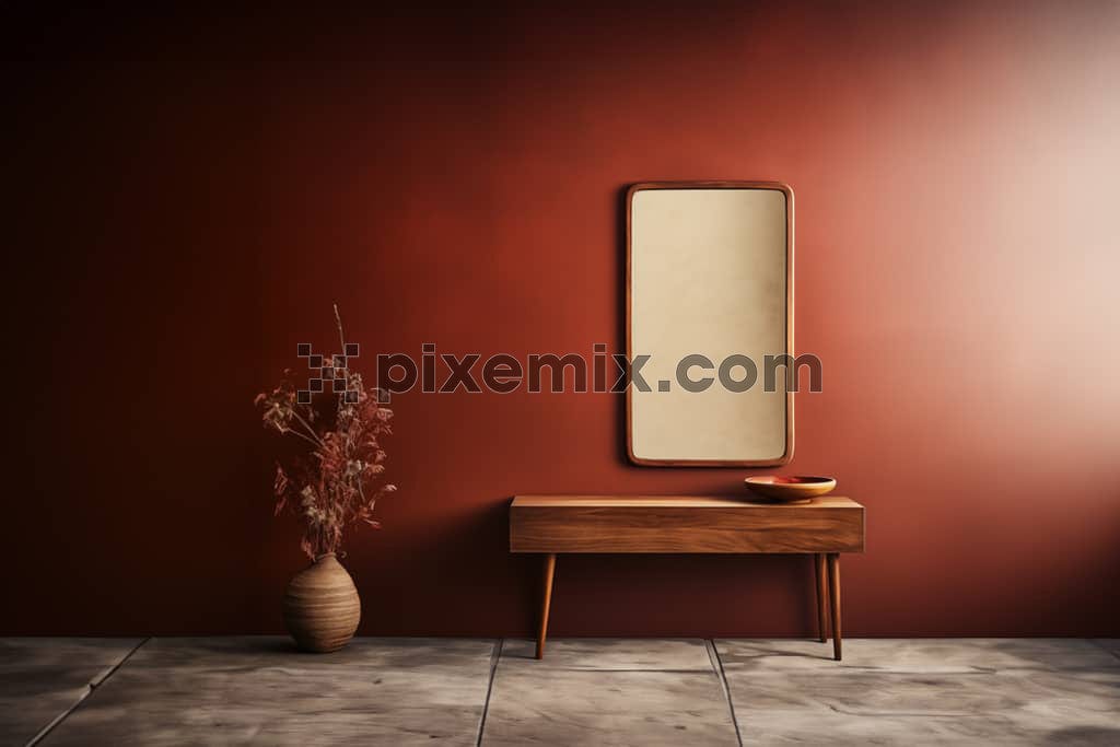 A minimal and elegant interior space design in red theme featuring a mirror, flower vase and a table image.