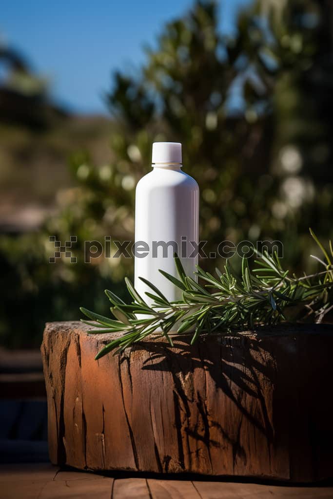A minimal Rosemary oil/shampoo packaging bottle placed on a wood and styled with Rosemary leaves image.