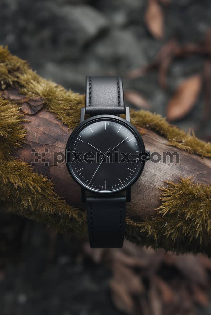 A beautiful, basic, solid, black analog watch tied on to a wooden show piece image.