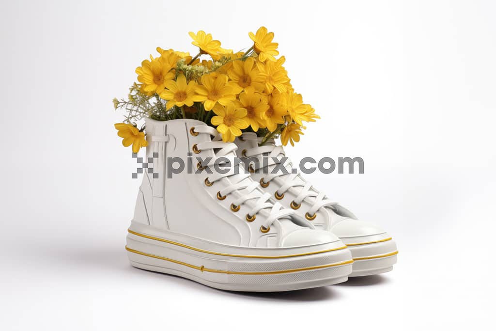 A floral themed image of a high top, off-white and yellow shoe with yellow flowers image.