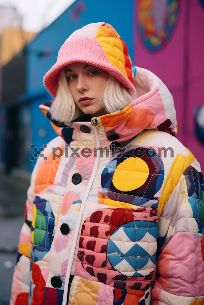 A fabulous fashion model wearing a puffer jacket and hoodie with pop colours image.