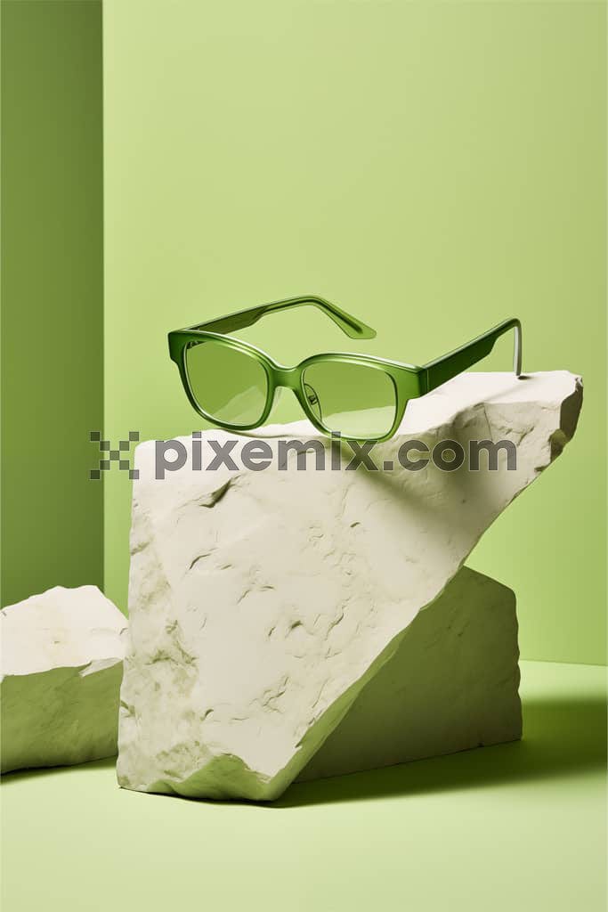 Lifestyle image of a classic green sunglass featuring white textured stone image.