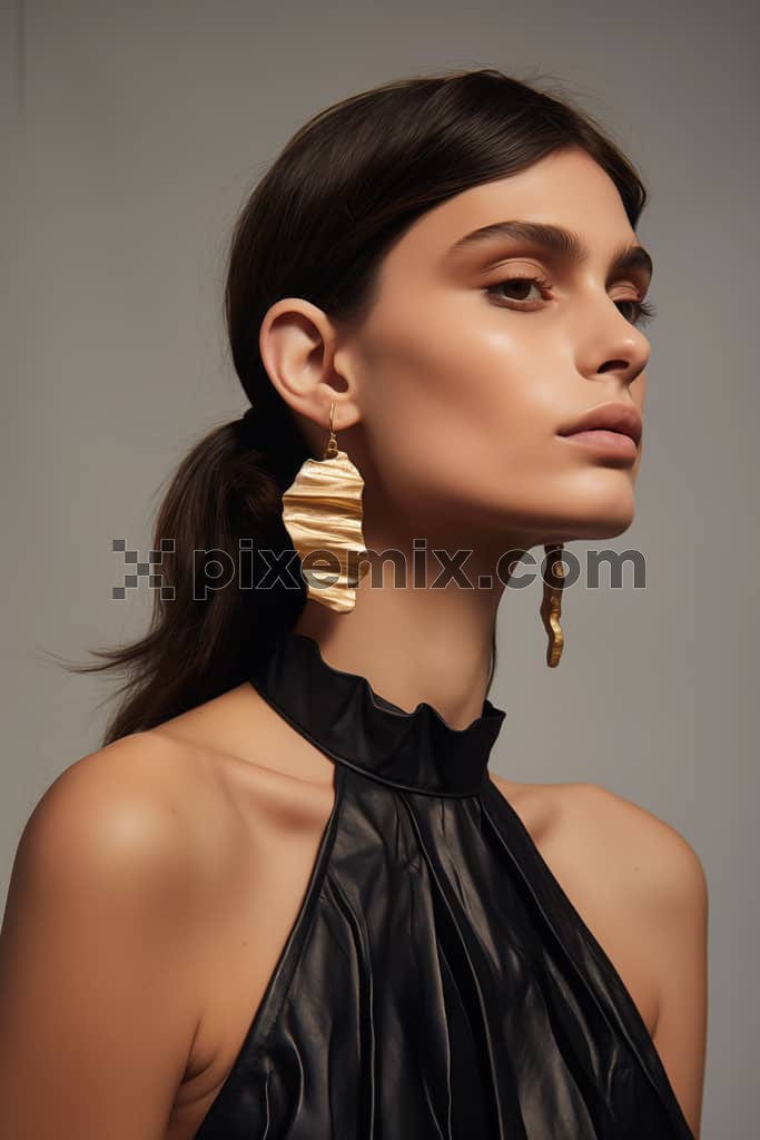 A stylish fashion female model wearing a chunky statement gold earring.