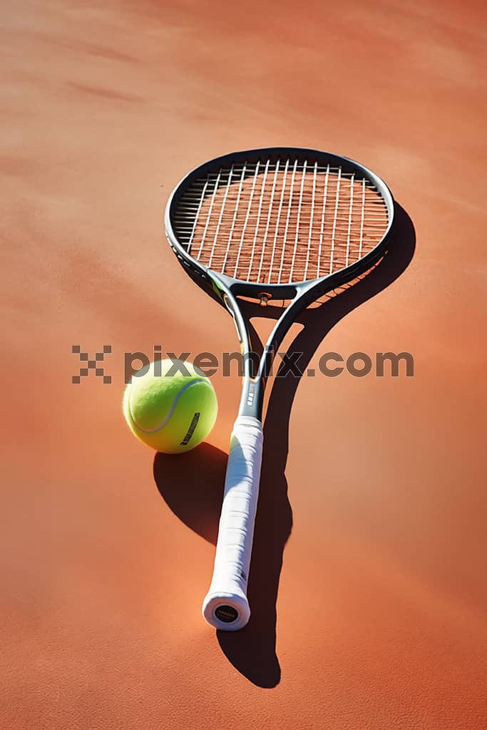 Tennis bat and tennis ball on a burnt orange gradient floor of a tennis court image.