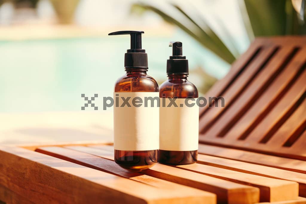 Skin care bottles on a wooden bench with nature as background image.