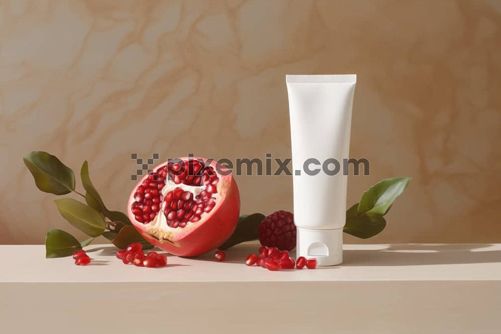 A beauty product container set against a textured wall backdrop styled with pomegranate image.