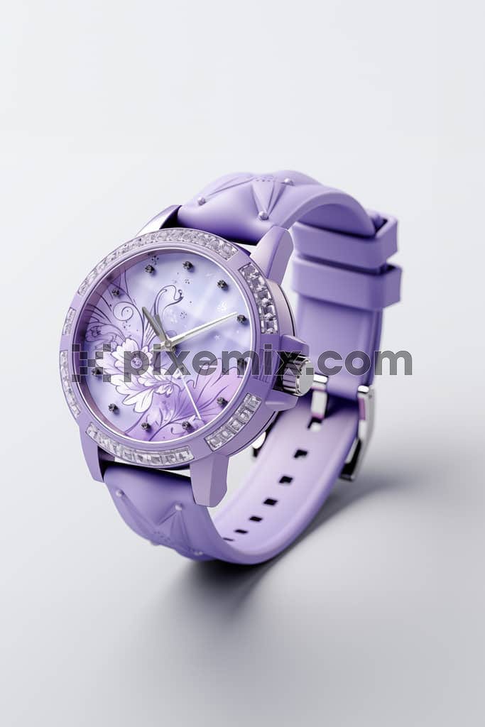 Kids fashion, lavender watch with floral dial with rhinestone border image.