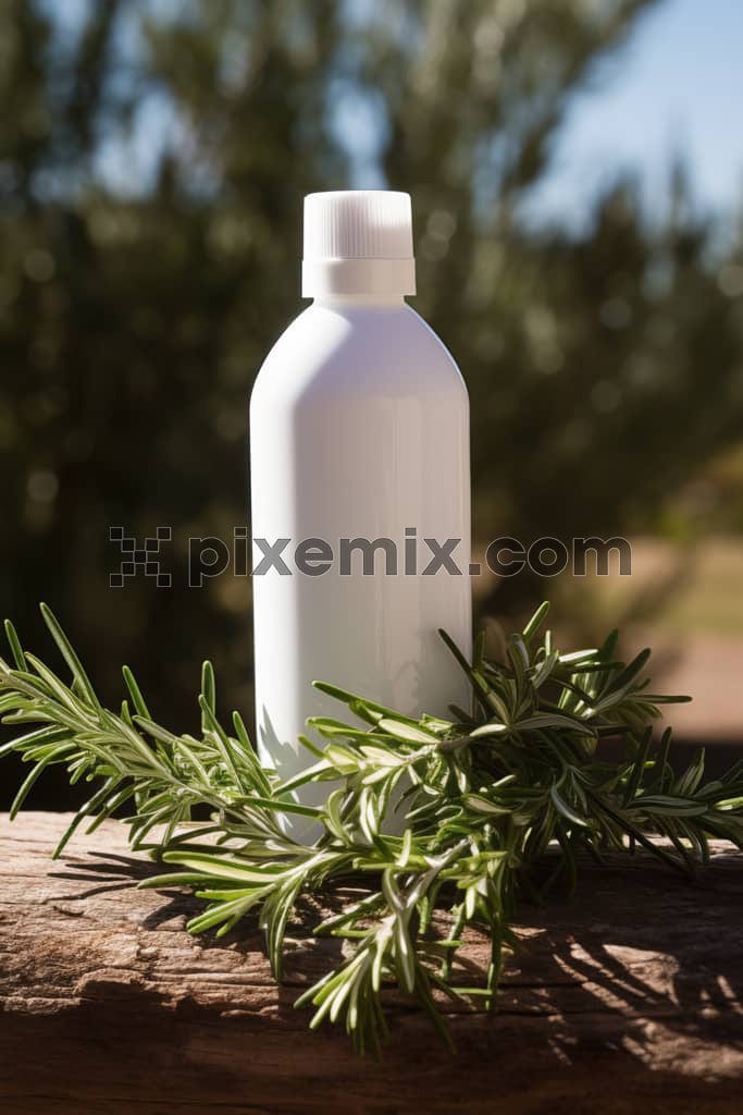A minimal Rosemary oil/shampoo packaging bottle placed on a wood and styled with Rosemary leaves image.