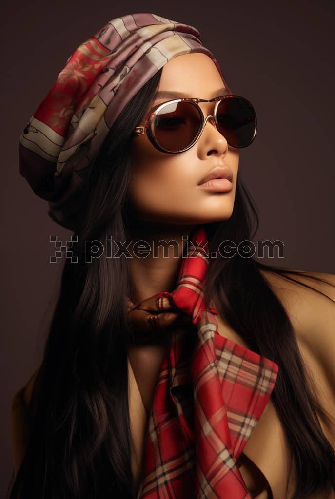 A stunning fashionista in a bold and stylish outfit styled with a headwear accessory and a scarf image.