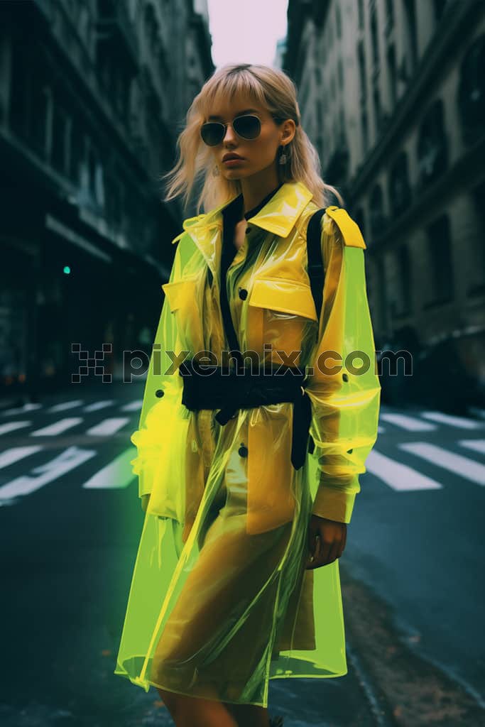 A fashion model, wearing a stylish neon tranlucent jacket on top of a yellow dress, on a street image.