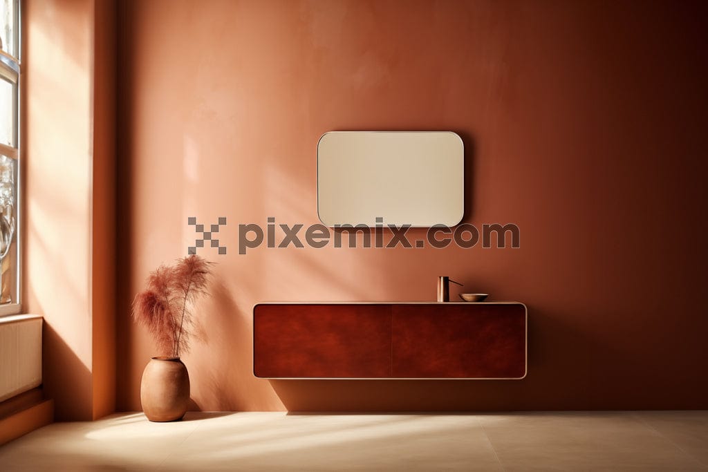 A minimal and elegant interior space design in red theme featuring a mirror and other interior decors image.