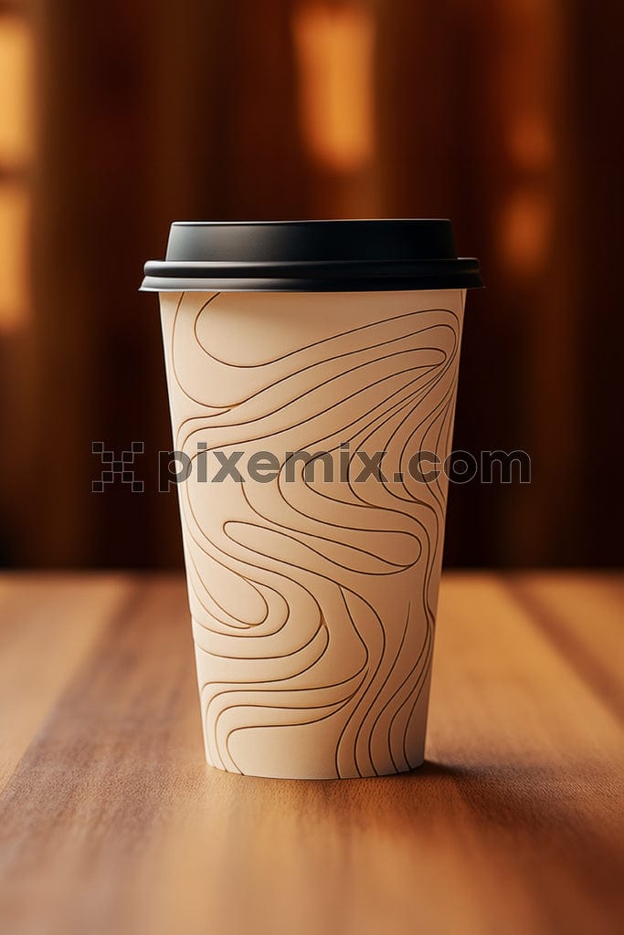 Aesthetic packaging for a takeaway coffee in wooden background image.
