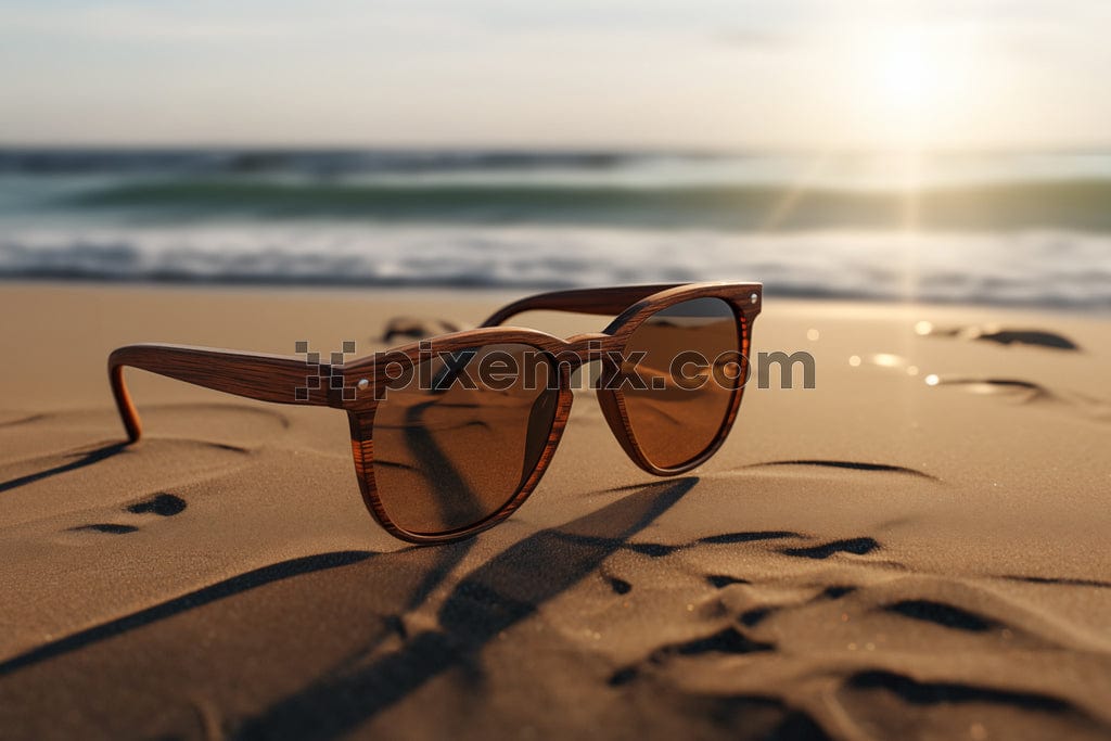 A classic brown pair of sunglasses on a sea shore image.