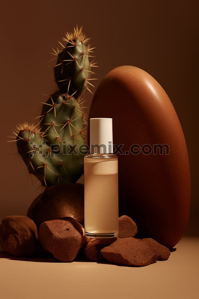A premium cosmetic product shoot featuring a cactus and other browns image.
