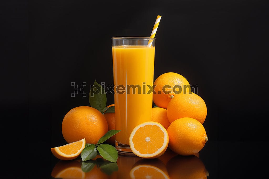 A glass of delicious orange juice styled with fresh oranges and leaves aside image.