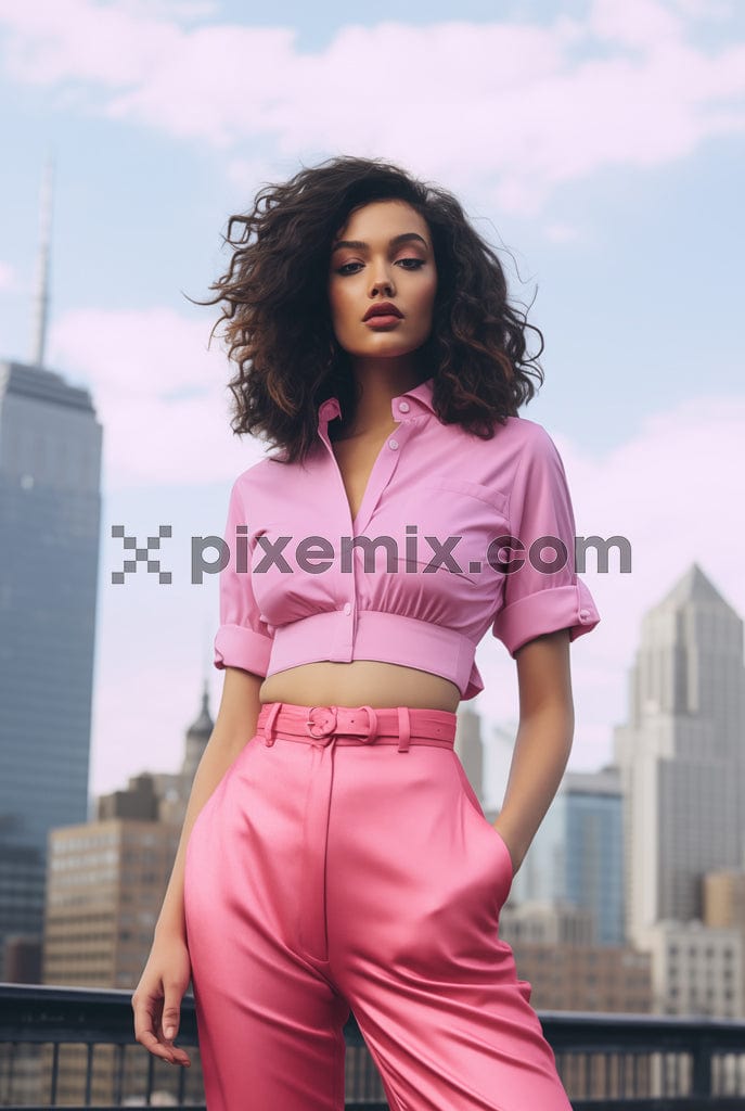 A gorgeous fashion model in a fashionable pink co-ord posing for an ad shoot image.